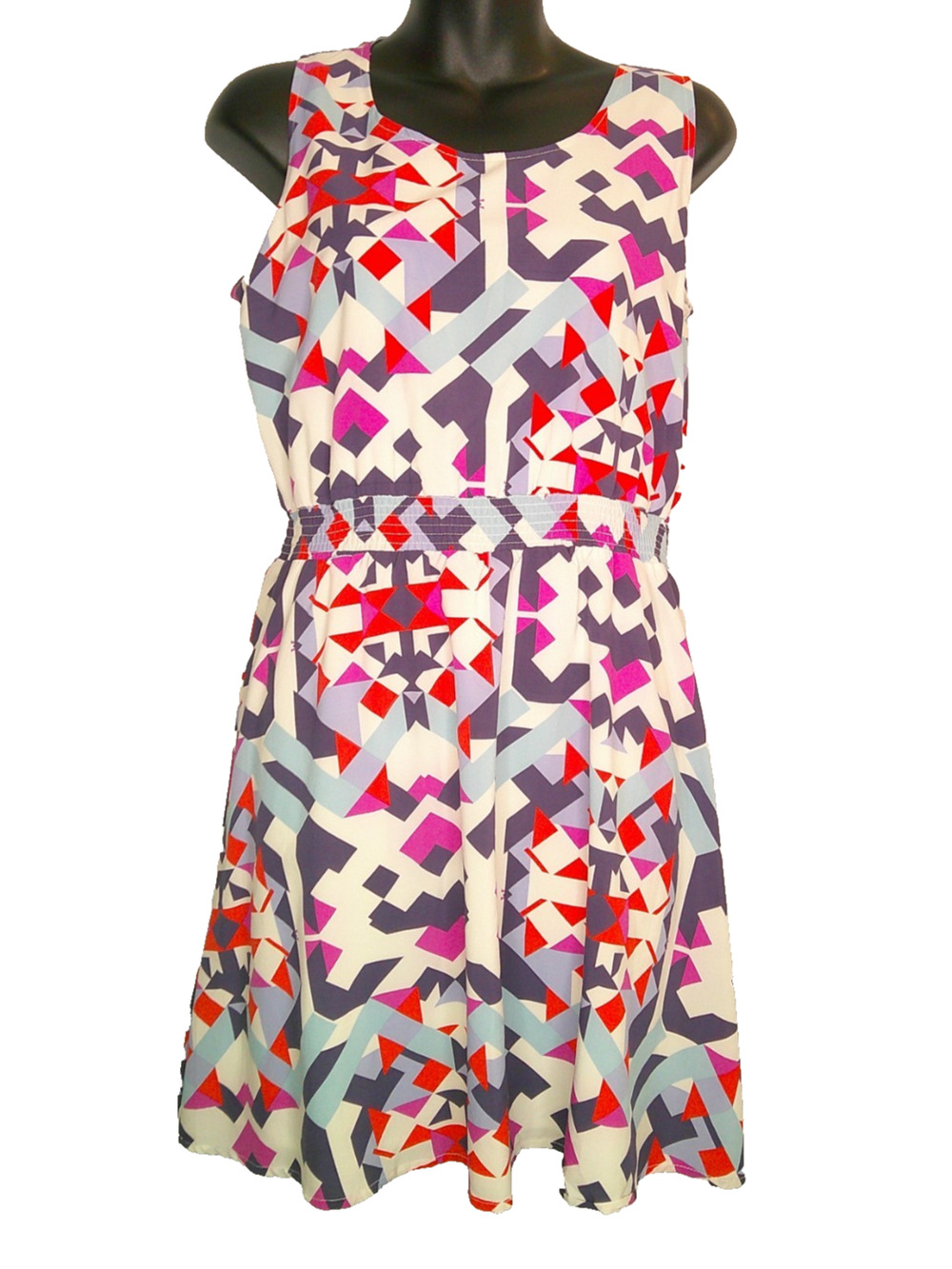 Annabella Women's Geometric Small Sleeveless Dress Elastic Cinched Waist